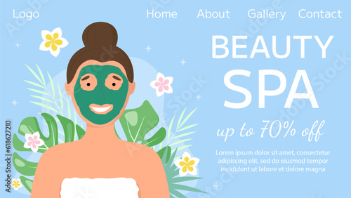 Vector beauty spa salon landing page template. Woman on facial mask, tropical leaves, flowers on blue background. Beauty industry, massage service flyer, brochure, sale coupon