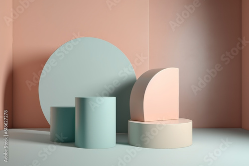 Pastel colorful podium product display background. Template with product placement. Ai generated