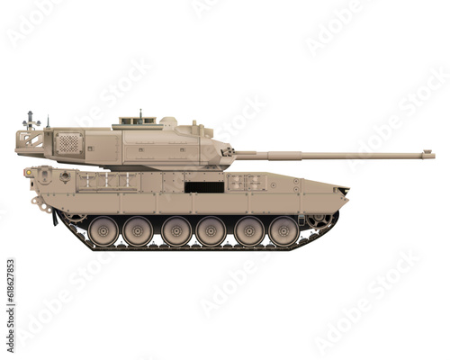 Main battle tank in realistic style. Armored fighting vehicle. Special combat military transport. Detailed colorful vector illustration isolated on white background. photo