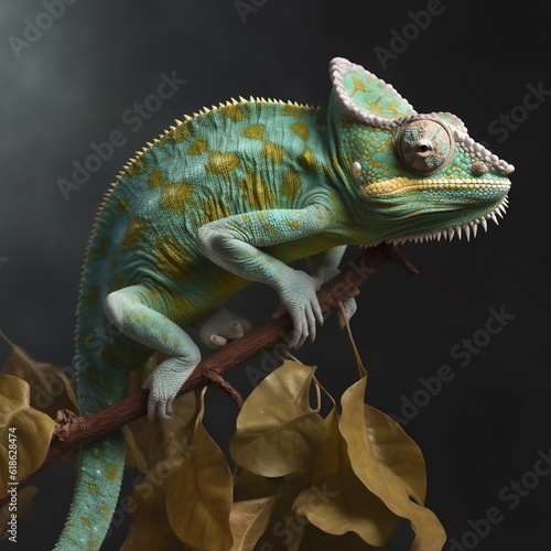 Green chameleon (genus chamaeleon; family chamaeleonidae) lizard on a leafy branch on a dark background. Generative ai.