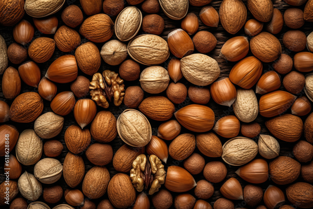 Nuts, walnuts, dates background Generative AI Nuts, walnuts, dates background Generative AI