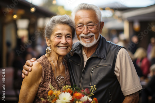 Portrait of a happy smiling senior couple at family gathering outdoors  © Jasmina