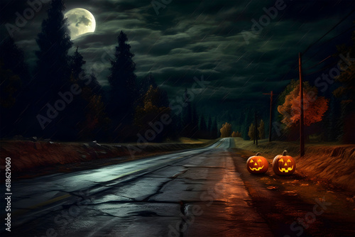 Halloween landscape with copy space. Night road, two jack-o lantens on the roadside. Generative ai