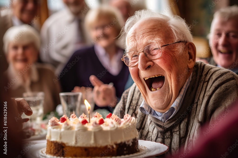 Smiling elderly person celebrating birthday with cake. Generative Ai Smiling elderly person celebrating birthday with cake. Generative Ai