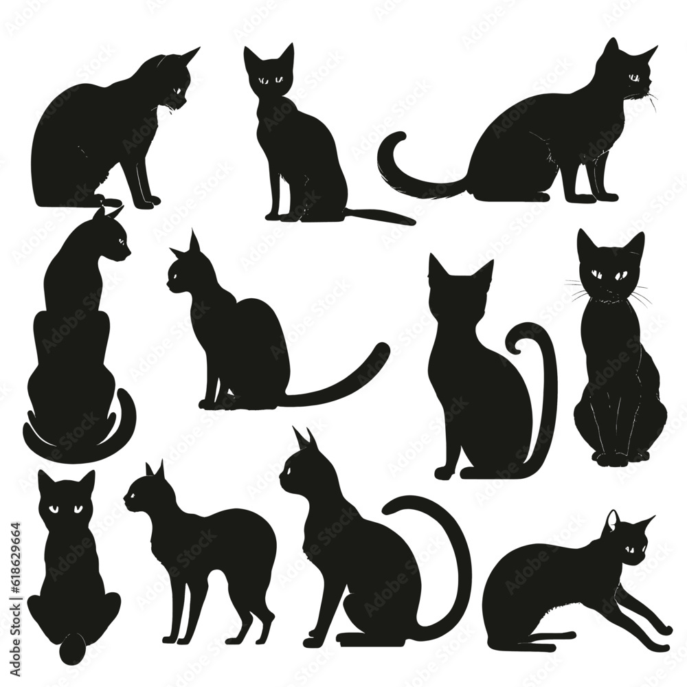Black silhouette of a cats set on white background.