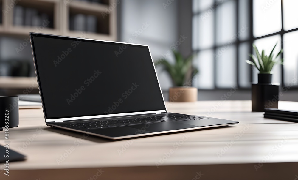 Laptop with blank screen on office desk. Laptop with blank screen on office desk.