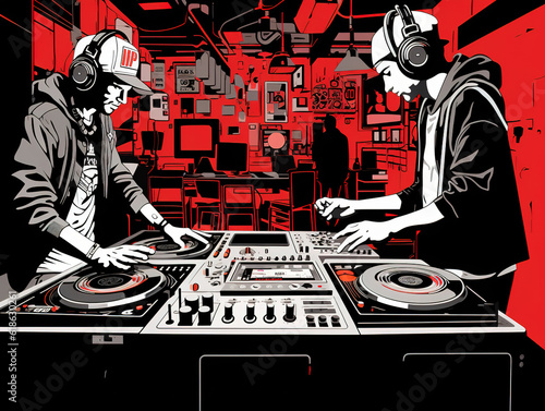 musician dj spinning turntable hip scene, illustration