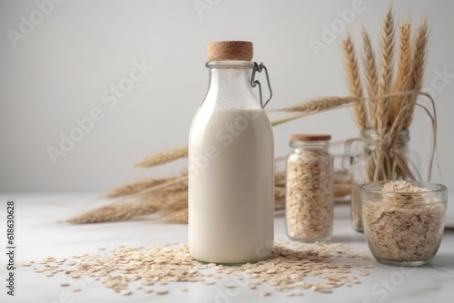 Vegan lactose free oat milk in glass bottle with oat flakes cereal and grass. 