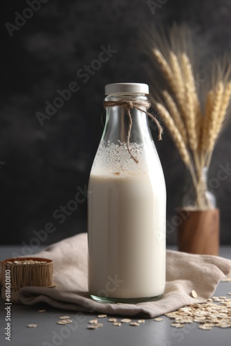 Vegan lactose free oat milk in glass bottle with oat flakes cereal and grass. 