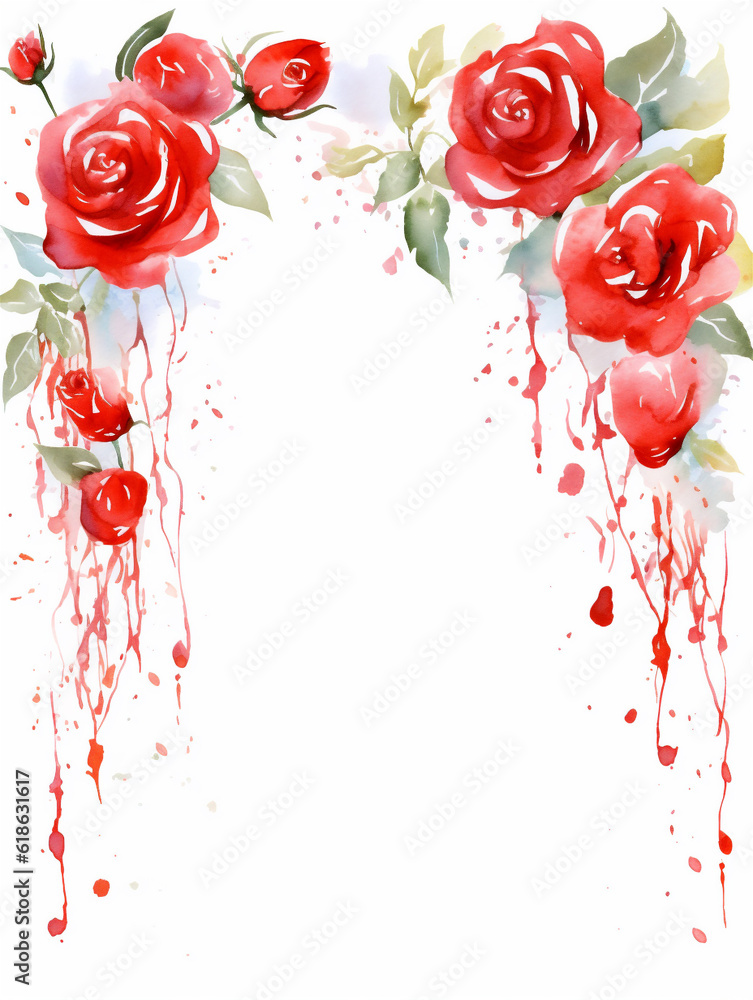 Watercolor frame with red roses flowers on white background with copy space inside. Ai generated Watercolor frame with red roses flowers on white background with copy space inside. Ai generated