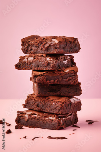 Stack of chocolate brownie slices isolated on flat pastel pink background. Lots of Delicious Brownie Cakes on top of each other. Generative AI photo. photo