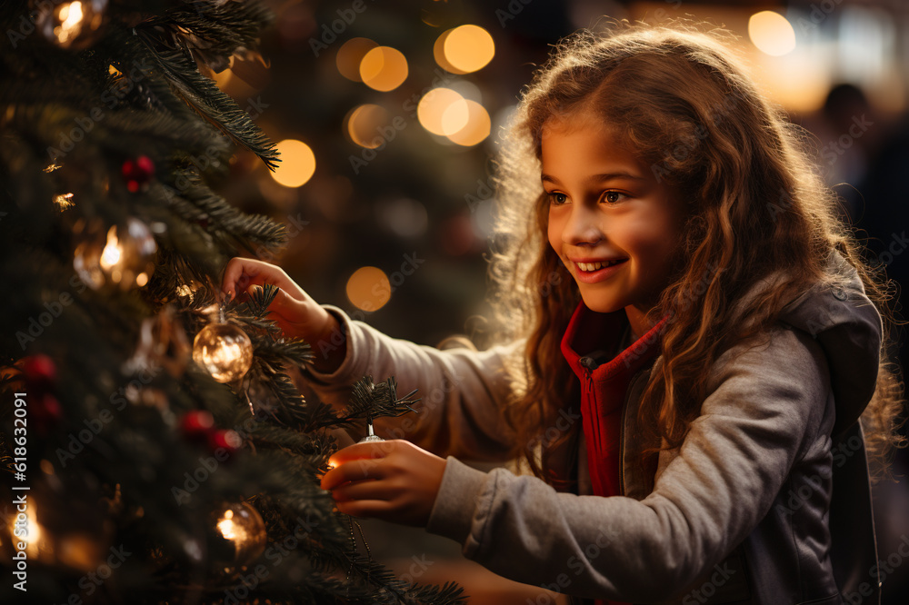 A little girl is decorating a christmas tree. Generative AI. A little girl is decorating a christmas tree. Generative AI.