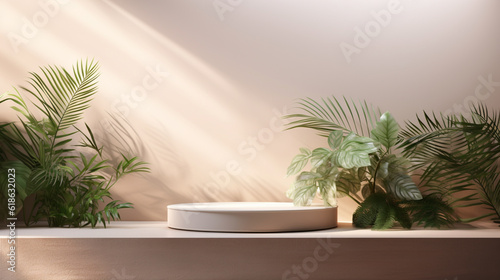 Minimal Composition of Round Podium With Plants and Leaves For Product Presentation, Beige Wall, Natural Lighting. 3D Render Illustration, Generative AI.