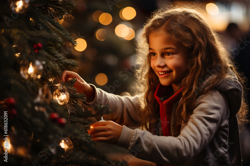 A little girl is decorating a christmas tree. Generative AI.