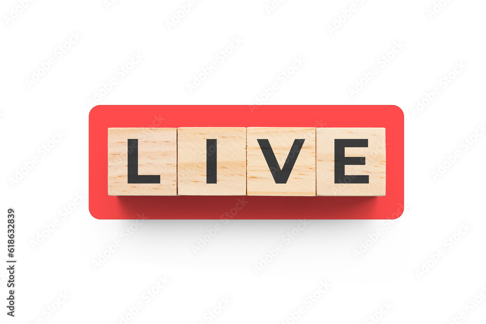 Fototapeta premium Live wooden cubes on grey background with red button