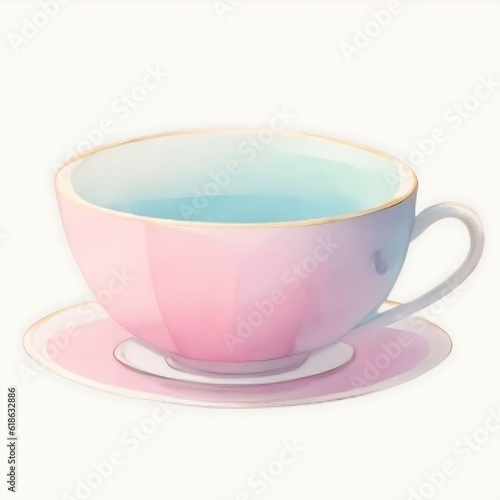 The cutie pink teacup on the plate isolated on white background
