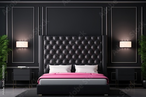 modern black bedroom with a stylish pink blanket and sleek black headboard © 2rogan
