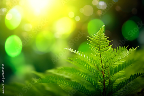 Nature background with copy space, green fern, defocused lighs and sun leak. Generative AI