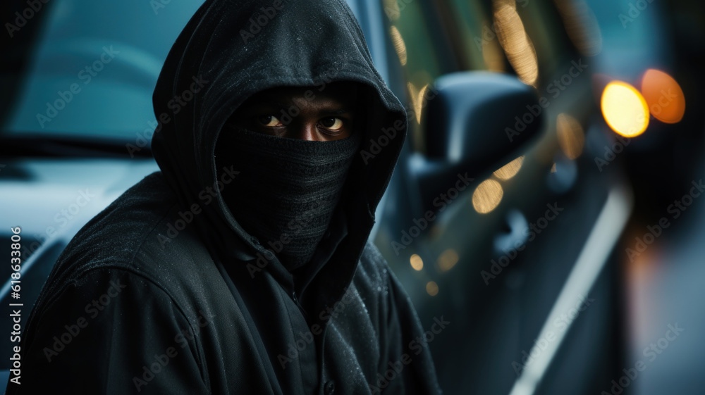 Hooded african man in black hoodie and mask car thief trying to break into. Generative AI. Hooded african man in black hoodie and mask car thief trying to break into. Generative AI.