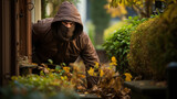Hooded  thief man in a hoodie and gloves in garden of suburban home. Generative AI.