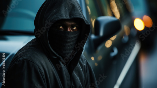 Hooded african man in black hoodie and mask car thief trying to break into. Generative AI.