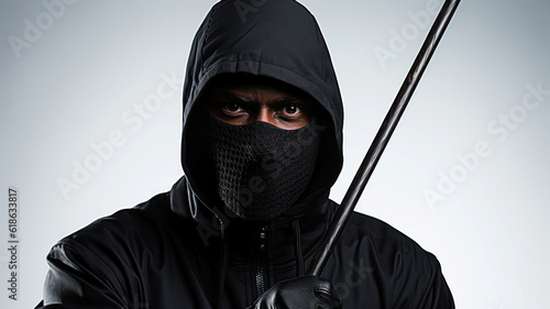 Man thief  in balaclava with a crowbar in his hand on grey background. Generative AI. photo