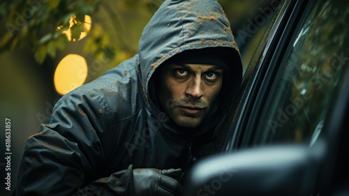 Man in a raincoat car's thief steals a car. Generative AI. © AS Photo Family