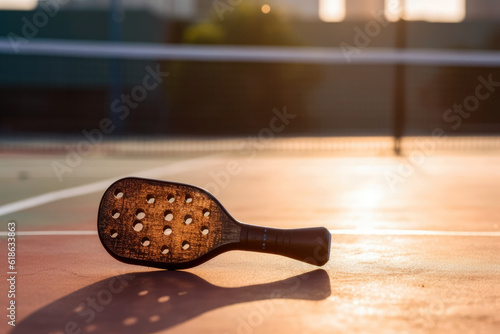 Gleaming pickleball paddle resting on the court after a victorious game