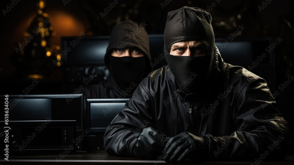 Two looters wearing a balaclava and hoodie is sitting with computer in a dark room. Generative AI. Two looters wearing a balaclava and hoodie is sitting with computer in a dark room. Generative AI.