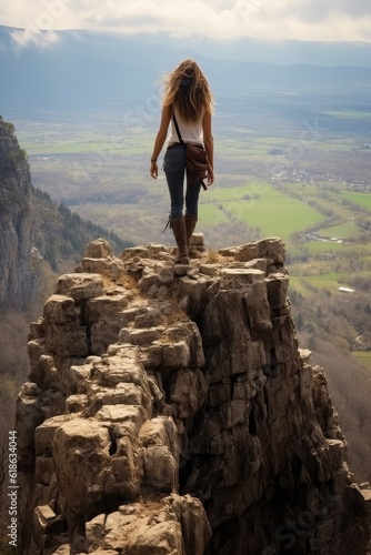 Young woman standing on the edge of a peak and looking down at the valley