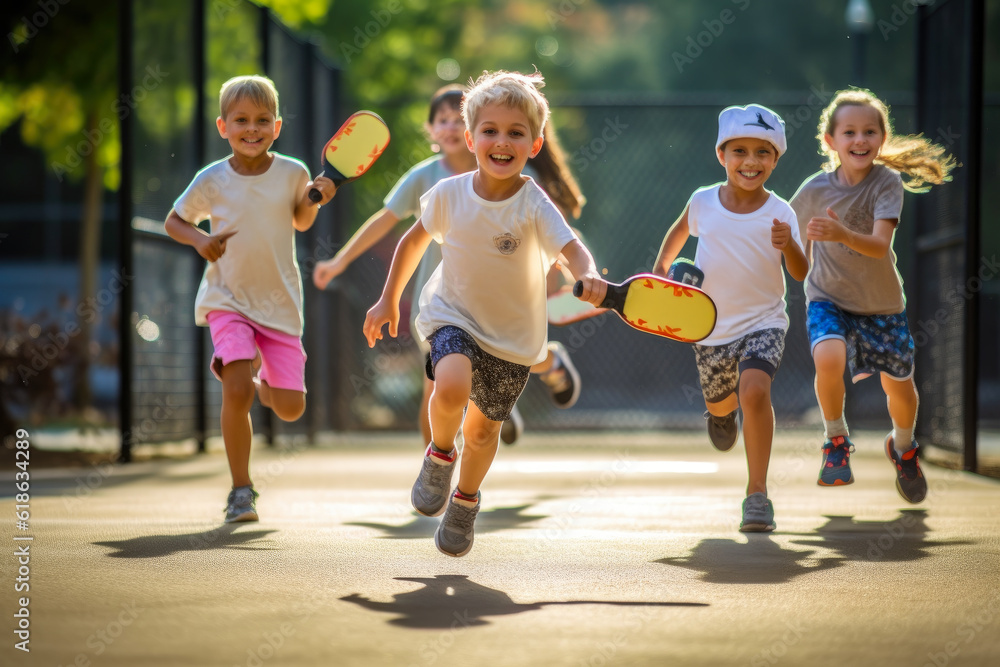 A group of children learning to play pickleball, depicting the joy of learning and play