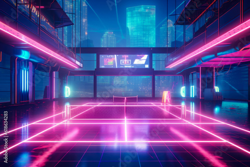 Pickleball court in a futuristic, sci-fi setting with neon lights and abstract architecture