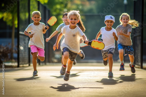 A group of children learning to play pickleball, depicting the joy of learning and play © aicandy