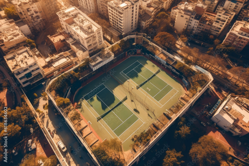 Aerial view of a tennis court in the heart of a bustling metropolis, showcasing the blend of sport and city life