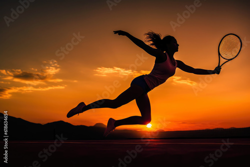 A female tennis player in action  showcasing strength and agility in the backdrop of a vibrant sunset