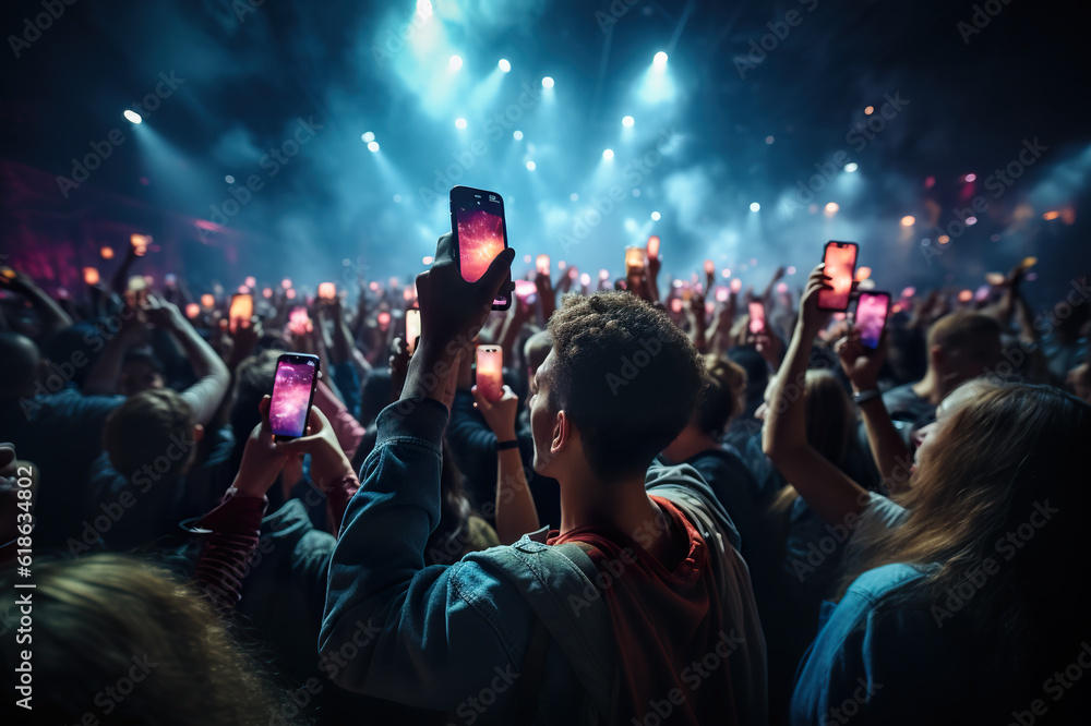 A crowd of people holding up cell phones at a concert. Generative AI.