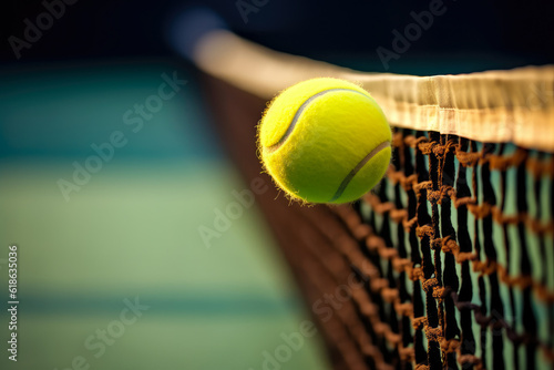 A tennis ball right in front of the net, poised at the edge of action before impact © aicandy