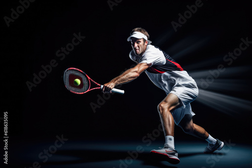 A tennis player's powerful serve frozen in time, demonstrating strength and skill