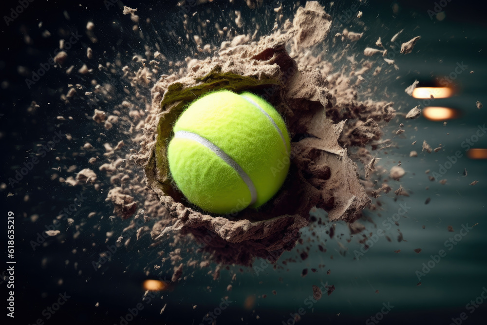 A tennis ball impact of a powerful serve with splashes of the court
