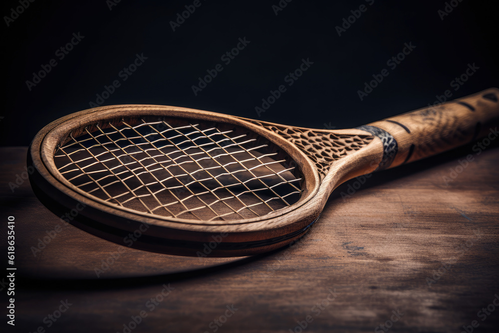 An antique wooden tennis racket, evoking the history and evolution of ...