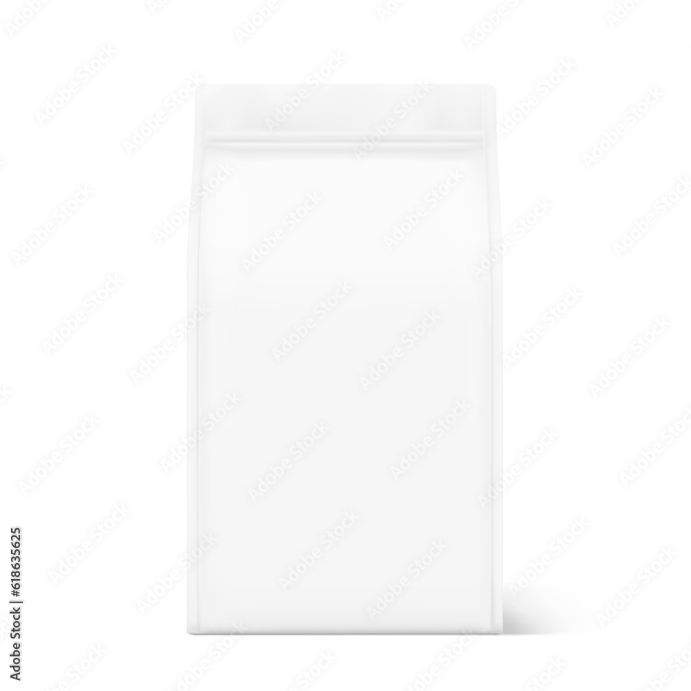 Quad sealed bag mockup. Front view. Vector illustration isolated on white background. High realistic detail. Ready for your design. Suite for the presentation of coffee, food, for pets, household, etc Quad sealed bag mockup. Front view. Vector illustration isolated on white background. High realistic detail. Ready for your design. Suite for the presentation of coffee, food, for pets, household, etc