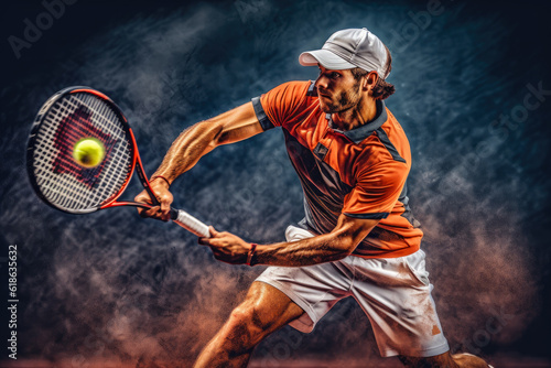 Tennis player performing a powerful backhand, demonstrating skill and precision photo