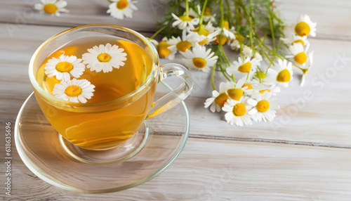 Cup of hot chamomile tea on light wooden background