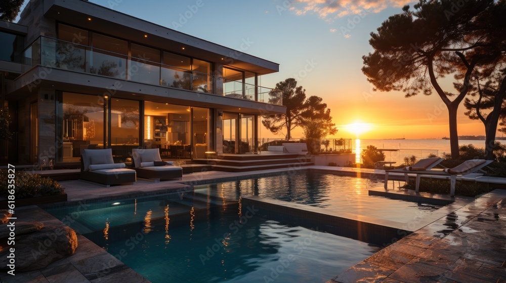Luxurious modern house at dusk with swimming pool.