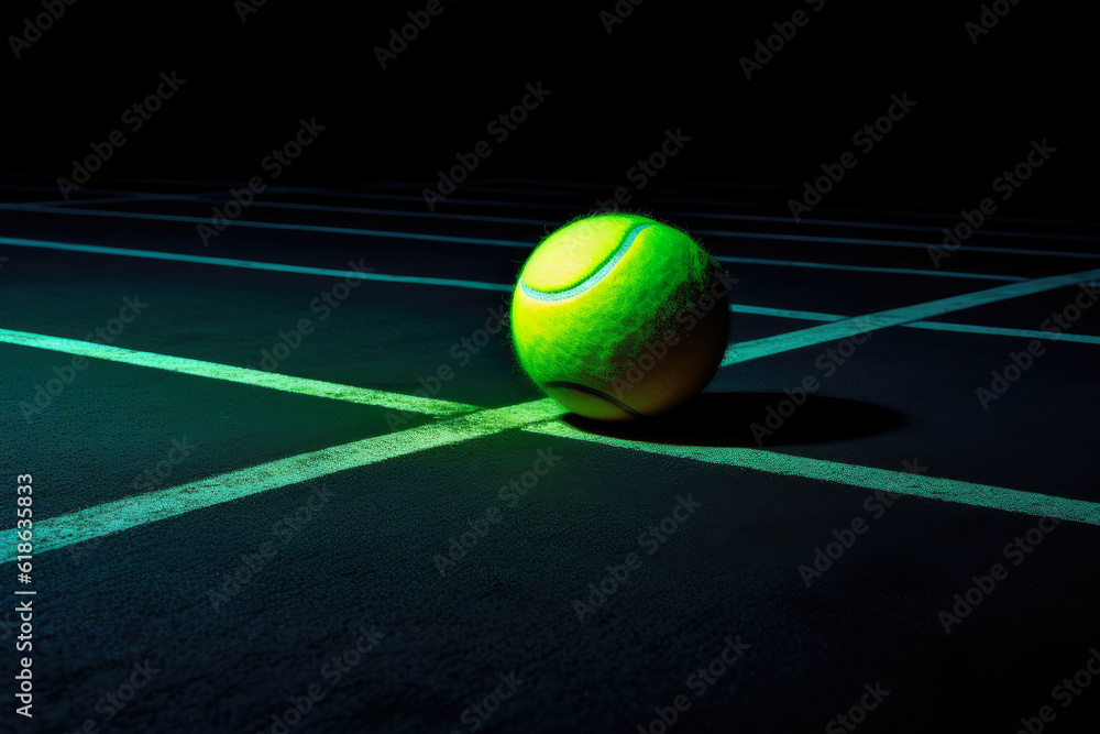 A fluorescent tennis ball on a dark court, glowing with an eerie light