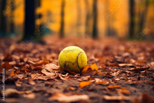 Tennis ball lying amidst fallen autumn leaves on a court, merging sport with nature