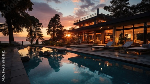 Luxurious modern house at dusk with swimming pool.