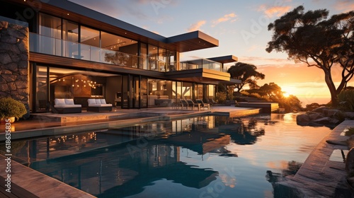 Luxurious modern house at dusk with swimming pool.