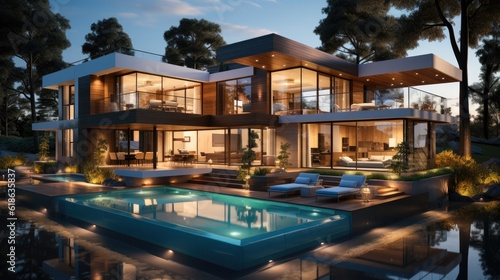 Night scene of modern Luxurious house with swimming pool. © visoot
