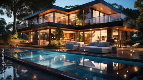 Night scene of modern Luxurious house with swimming pool.